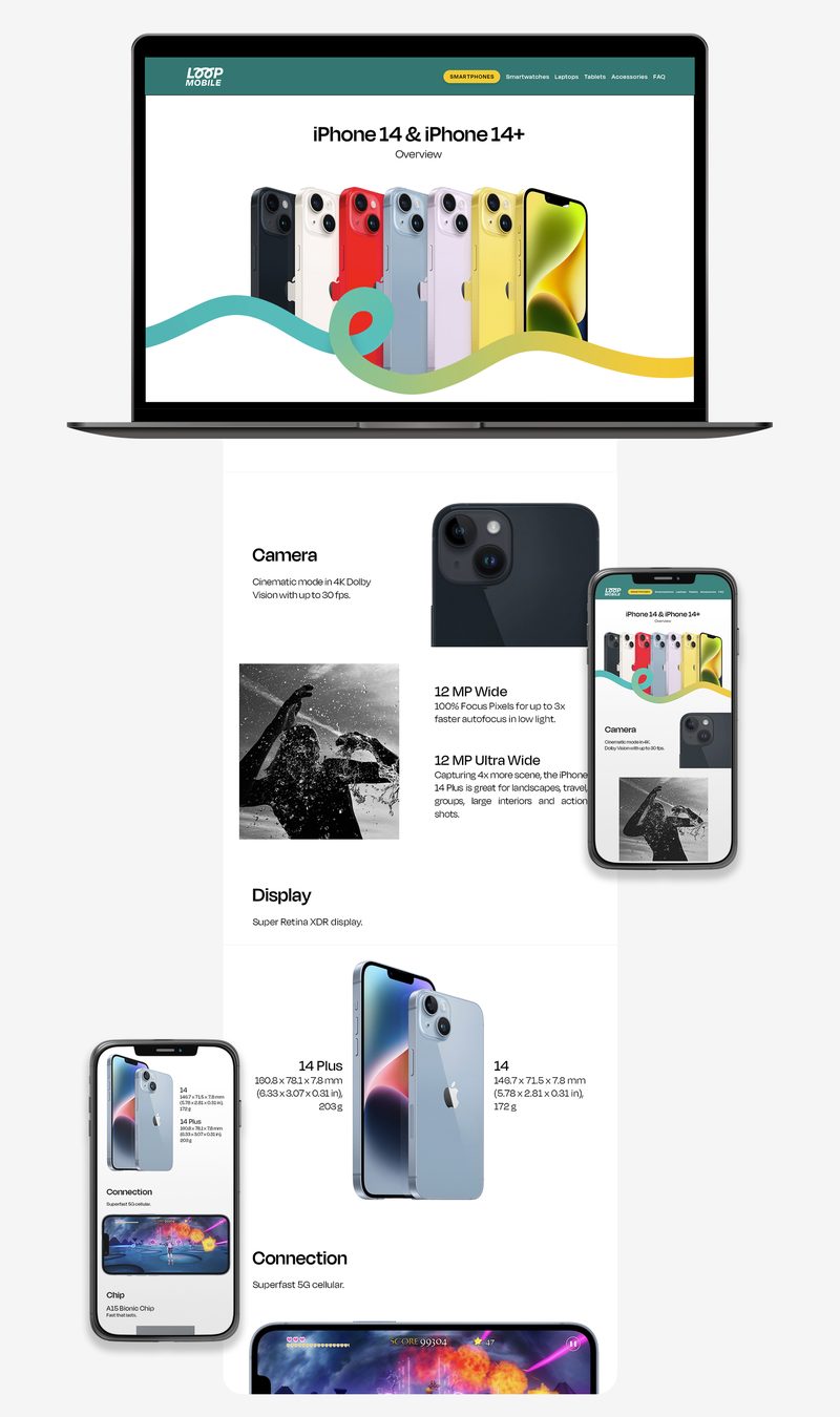 iPhone 14 landing page shown on a laptop and a phone