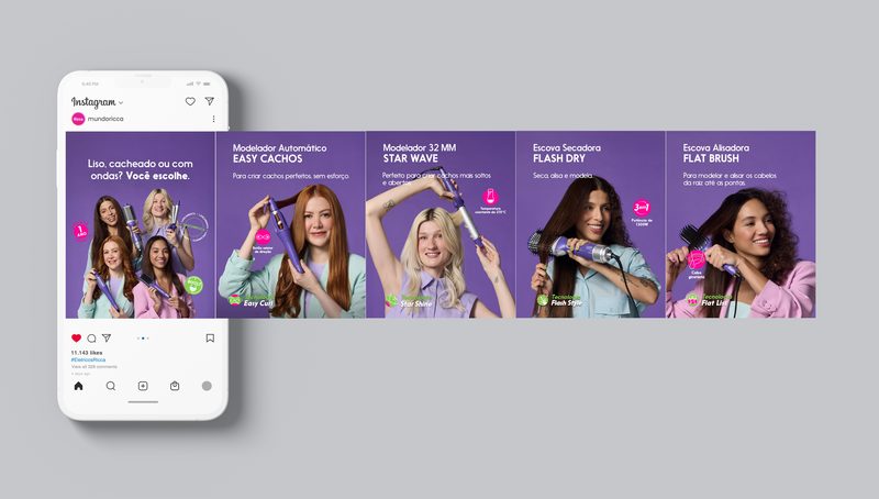 Five-frame carousel on hair styling tools